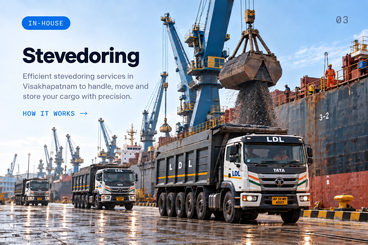 Stevedoring — Loading and unloading of vessels at Visakhapatnam and Gangavaram ports, by our own teams.